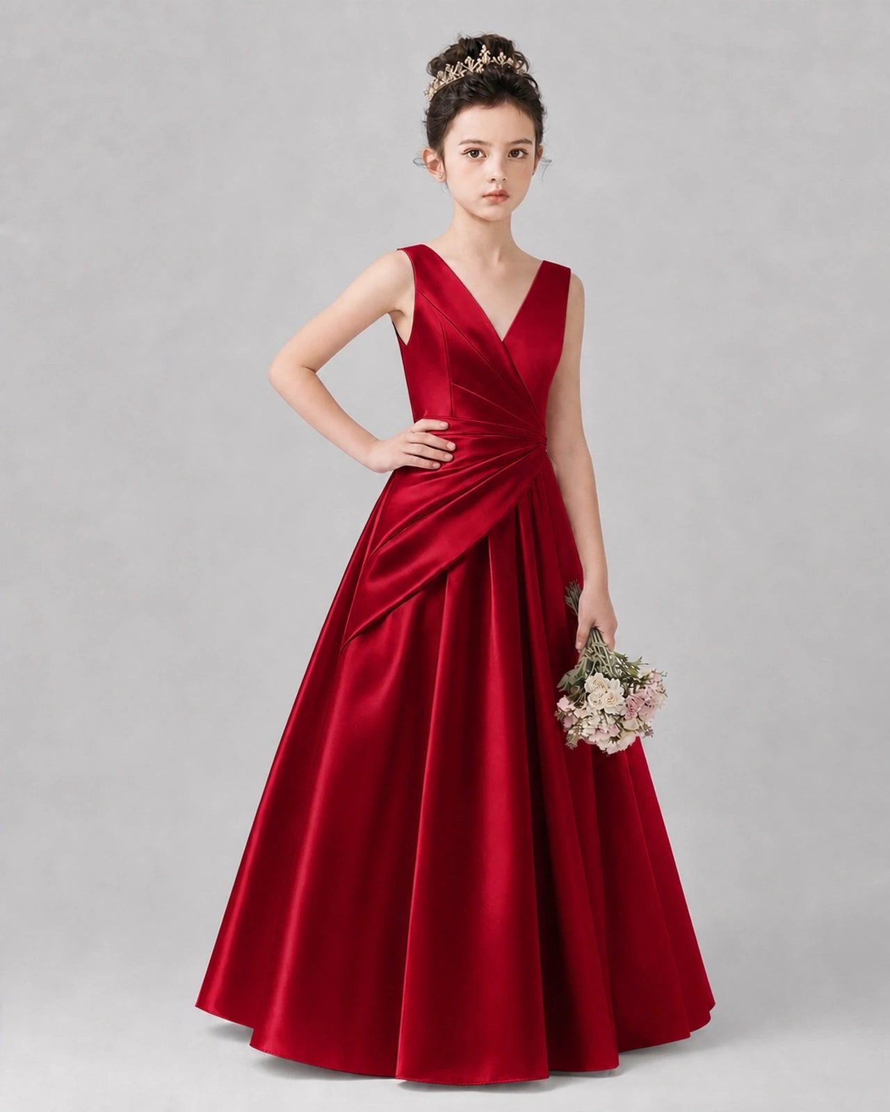 Burgundy Satin A-line Girls Formal Dress Front View