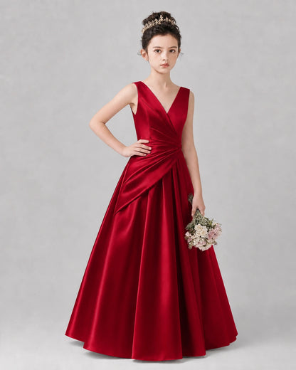 Burgundy Satin A-line Girls Formal Dress Front View