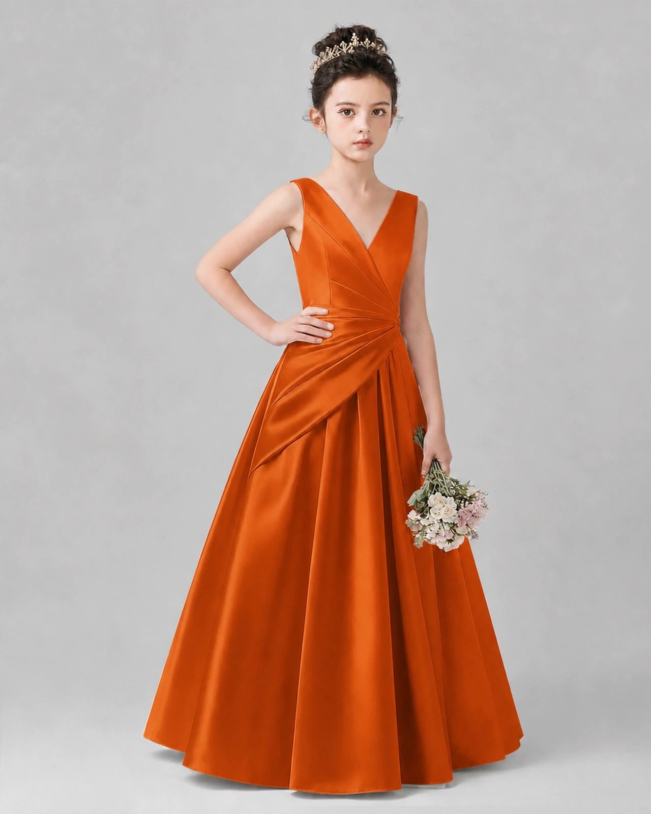 Burnt Orange Satin A-line Girls Formal Dress Front View