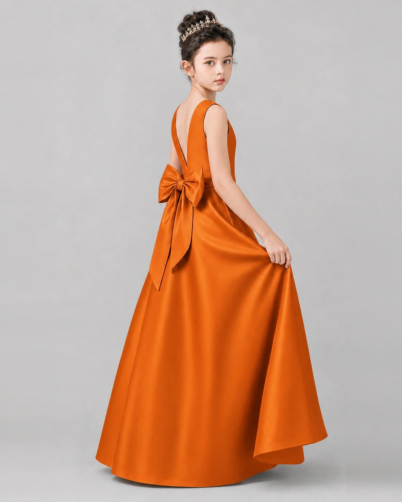 Burnt Orange Satin A-line Girls Formal Dress Side View