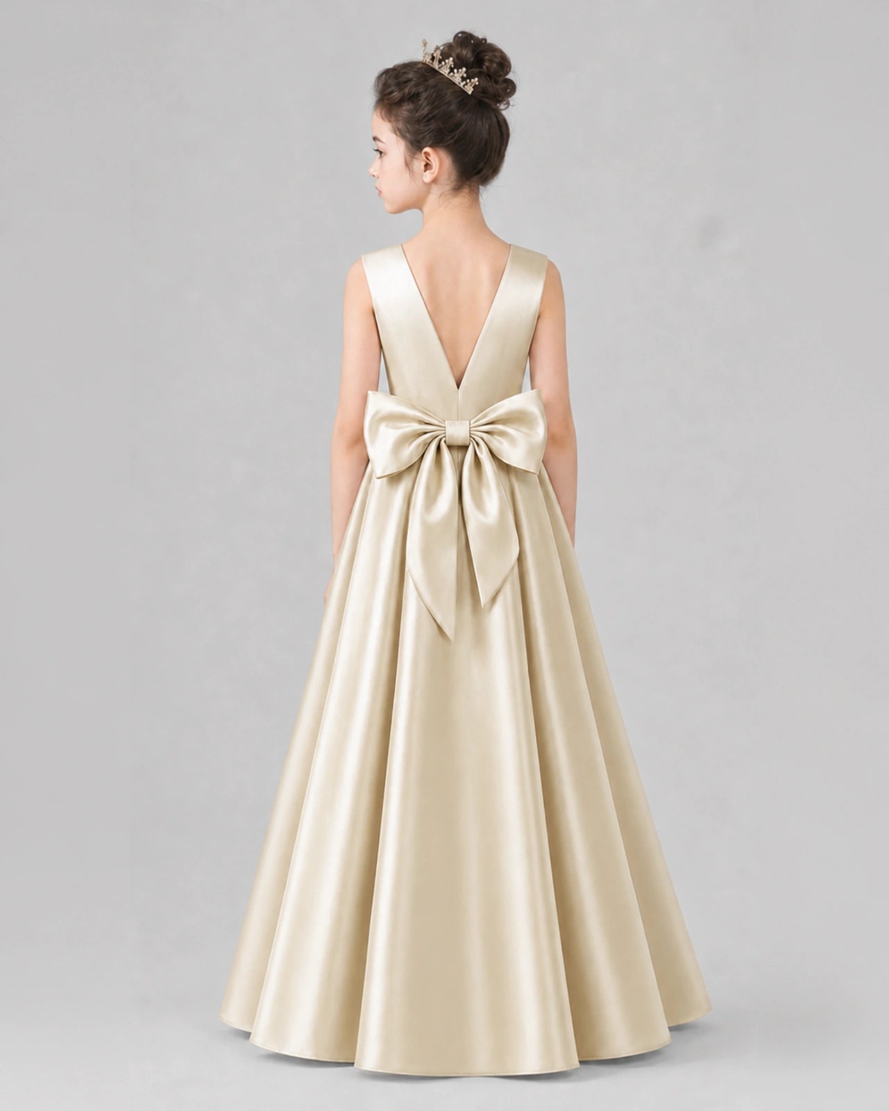 Champagne Satin A-line Girls Formal Dress Back View