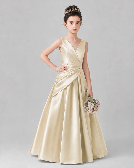 Champagne Satin A-line Girls Formal Dress Front View
