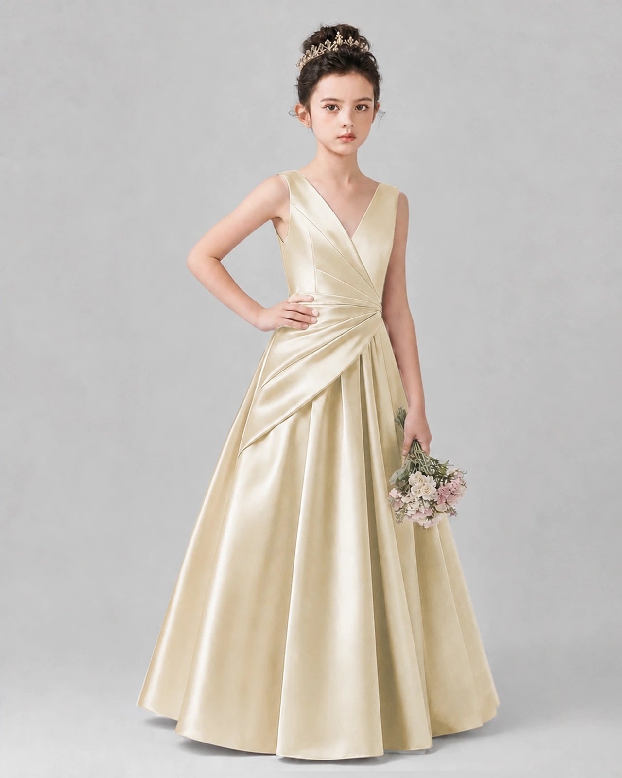 Champagne Satin A-line Girls Formal Dress Front View