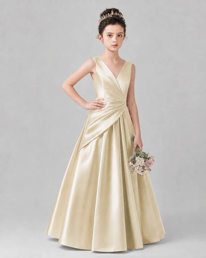 Champagne Satin A-line Girls Formal Dress Front View
