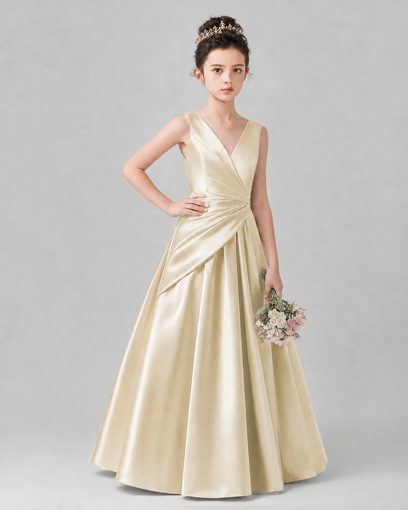 Champagne Satin A-line Girls Formal Dress Front View