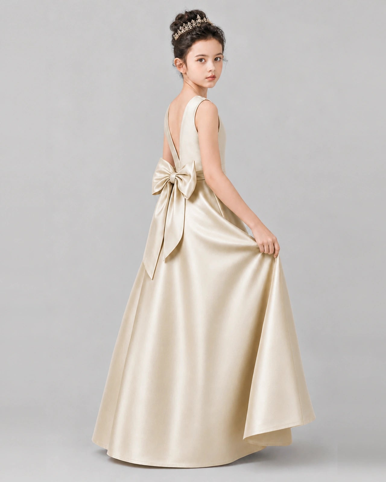 Champagne Satin A-line Girls Formal Dress Side View