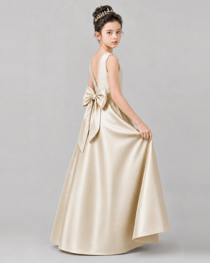 Champagne Satin A-line Girls Formal Dress Side View