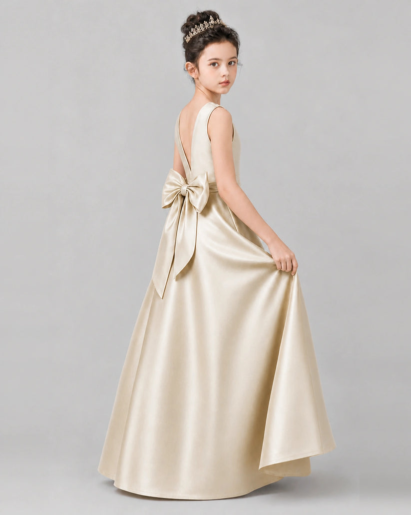 Champagne Satin A-line Girls Formal Dress Side View