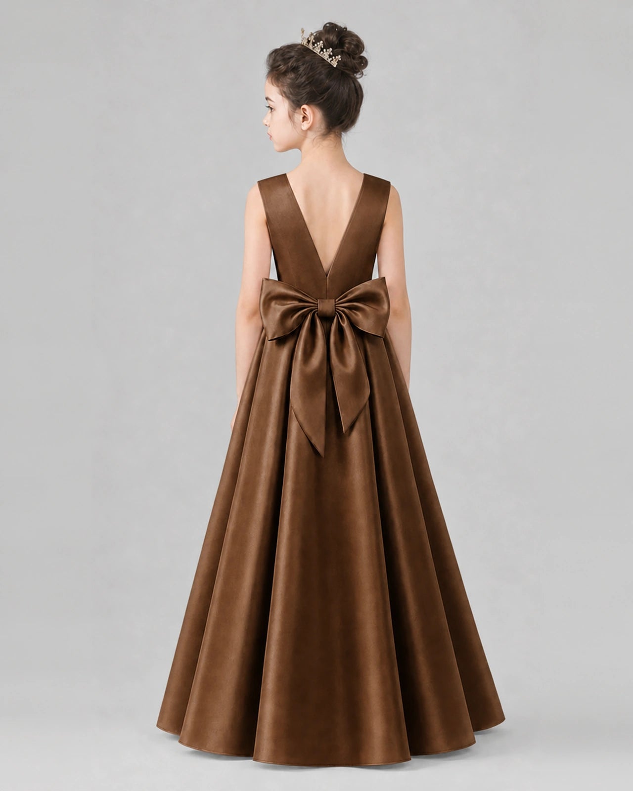 Chocolate Satin A-line Girls Formal Dress Back View