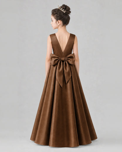 Chocolate Satin A-line Girls Formal Dress Back View