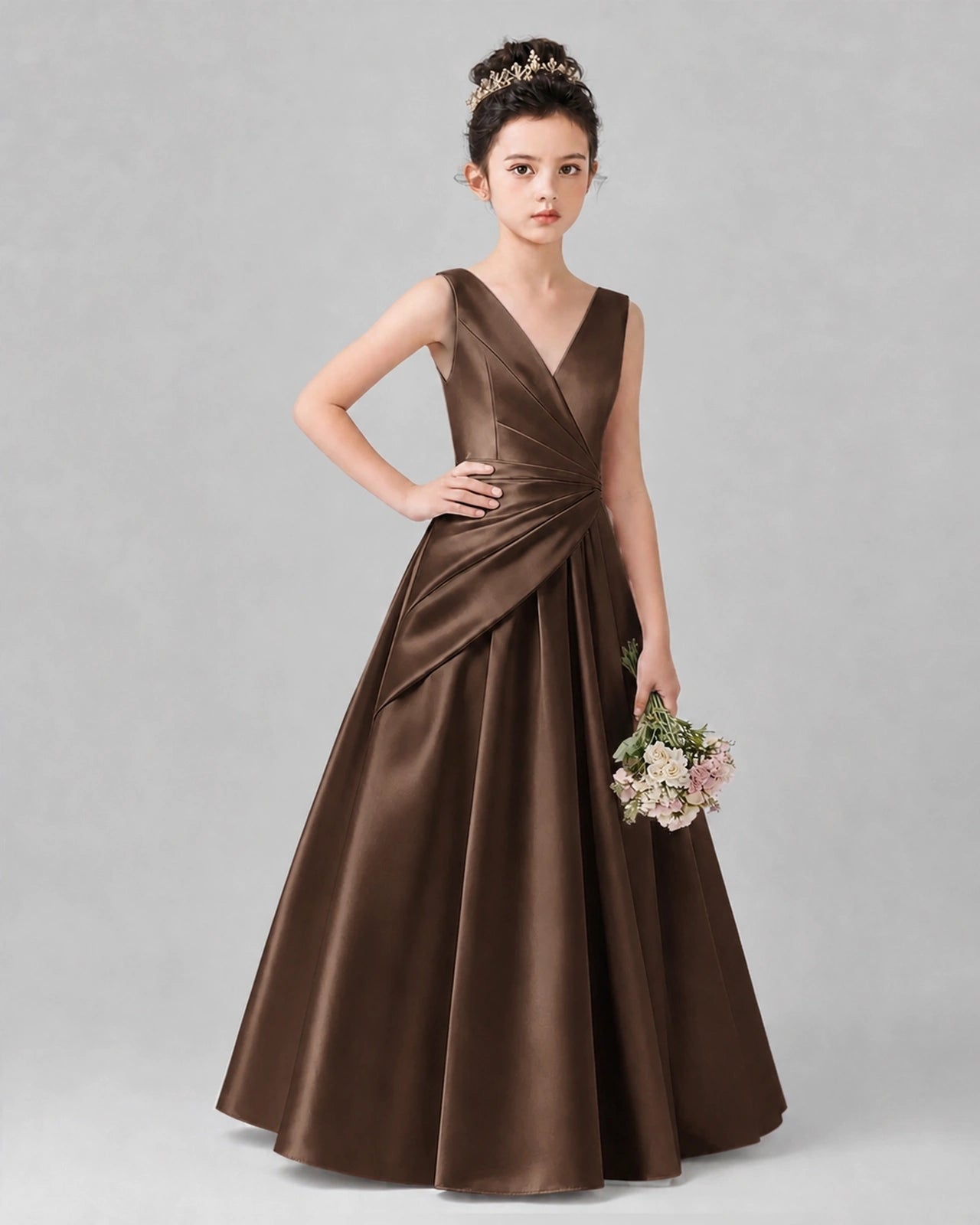 Chocolate Satin A-line Girls Formal Dress Front View