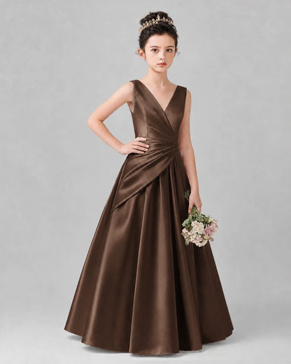 Chocolate Satin A-line Girls Formal Dress Front View