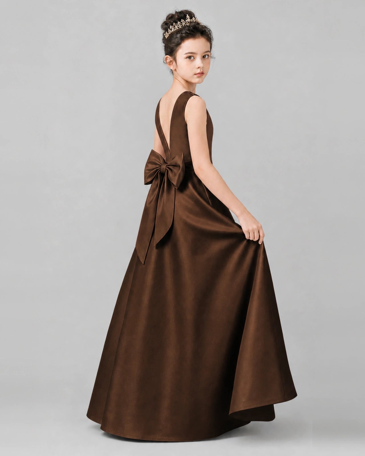 Chocolate Satin A-line Girls Formal Dress Side View