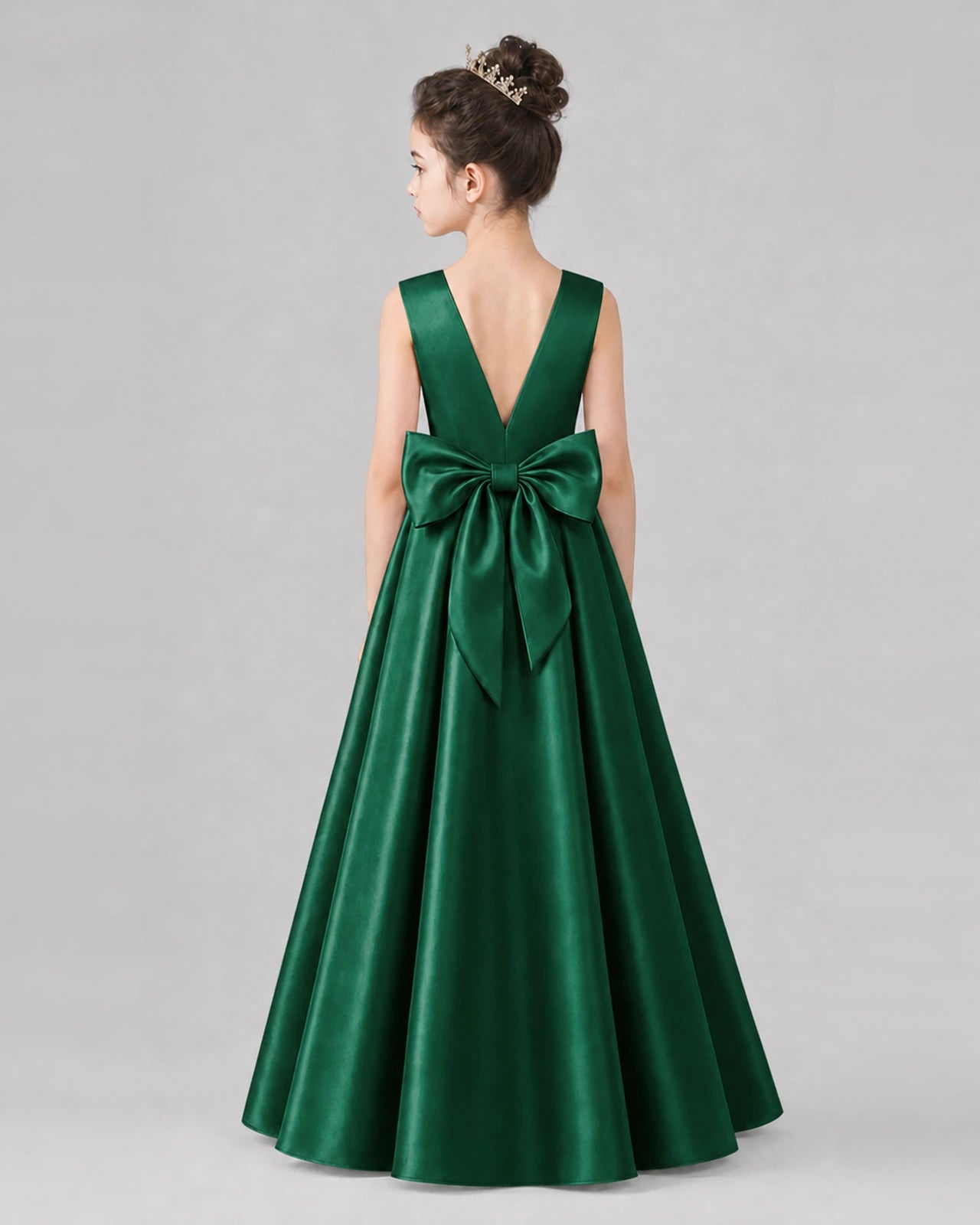 Dark Green Satin A-line Girls Formal Dress Back View