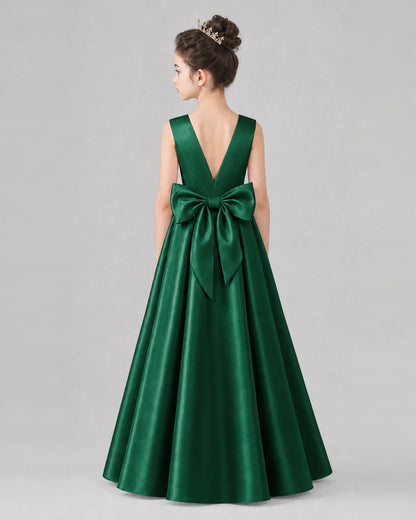 Dark Green Satin A-line Girls Formal Dress Back View