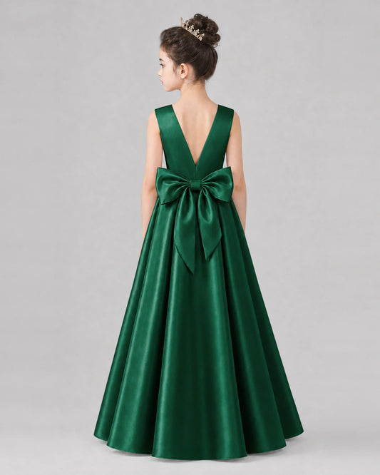 Dark Green Satin A-line Girls Formal Dress Back View