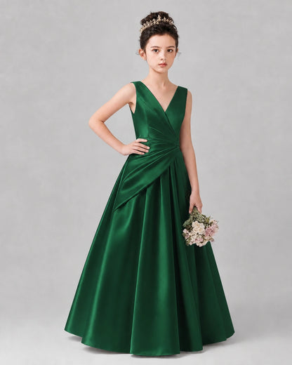 Dark Green Satin A-line Girls Formal Dress Front View