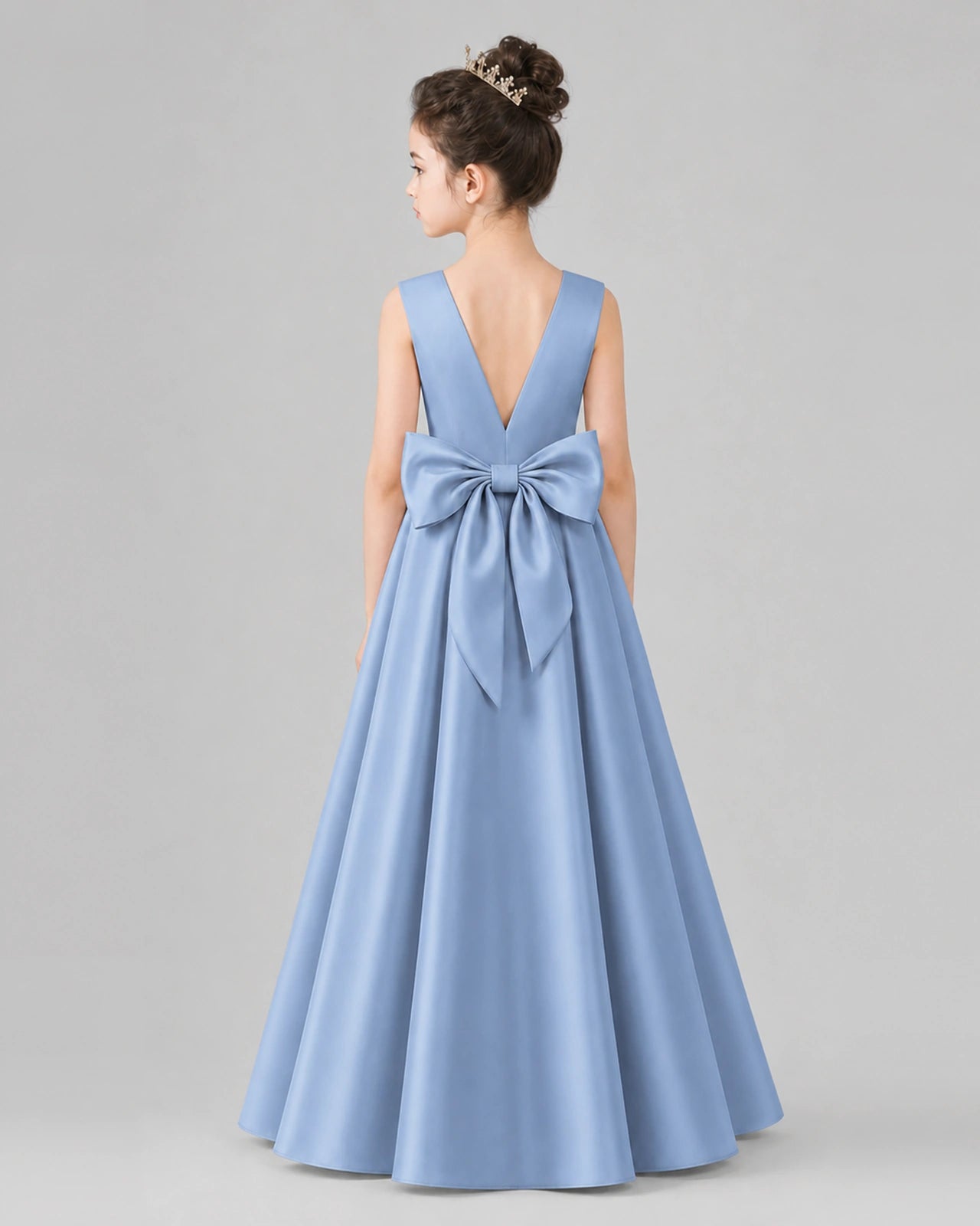 Dusty Blue Satin A-line Girls Formal Dress Back View