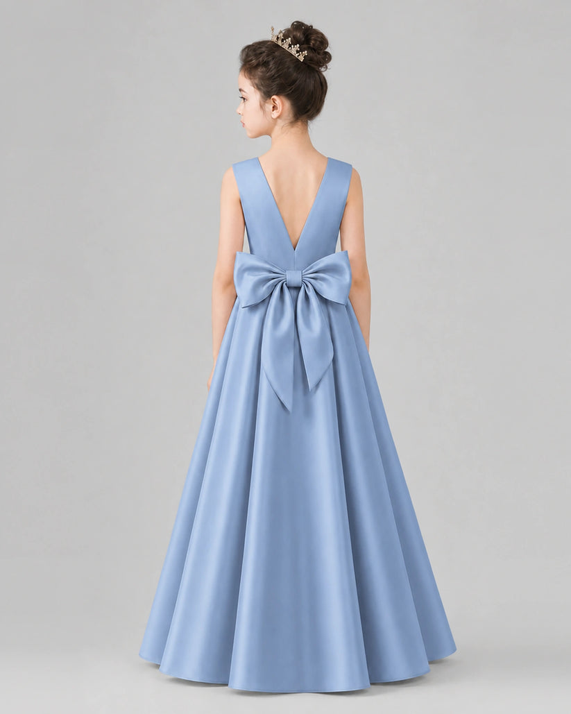 Dusty Blue Satin A-line Girls Formal Dress Back View