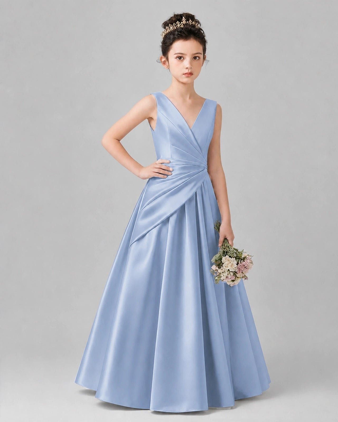 Dusty Blue Satin A-line Girls Formal Dress Front View