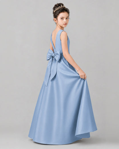 Dusty Blue Satin A-line Girls Formal Dress Side View
