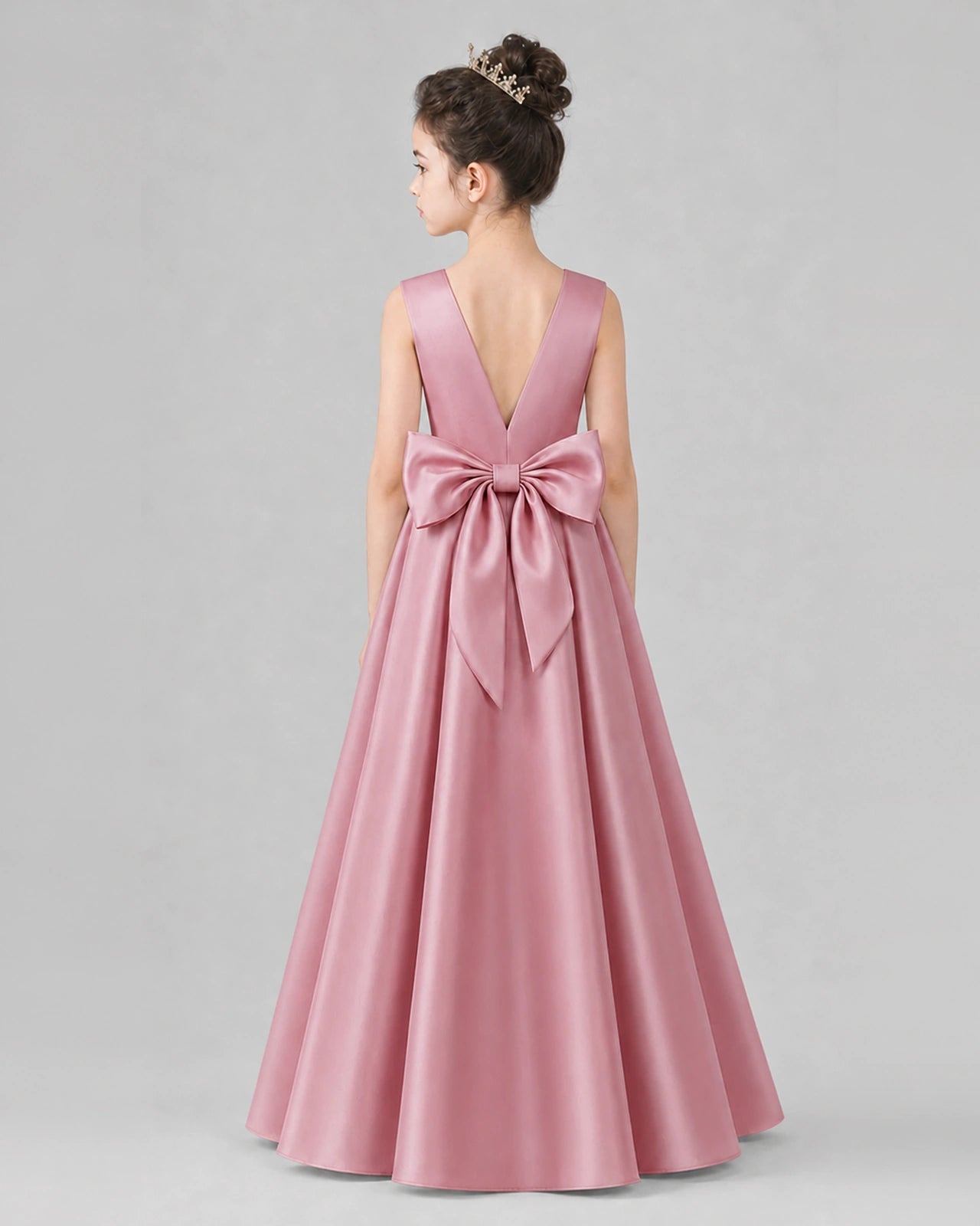 Dusty Rose Satin A-line Girls Formal Dress Back View