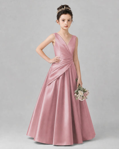 Dusty Rose Satin A-line Girls Formal Dress Front View