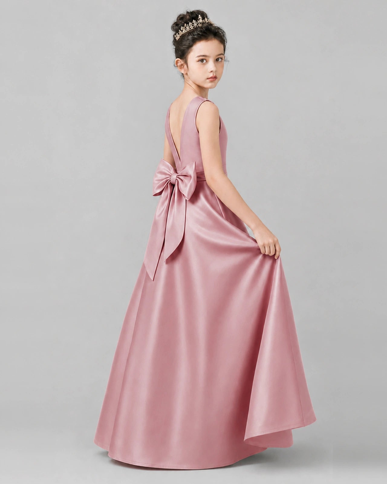 Dusty Rose Satin A-line Girls Formal Dress Side View