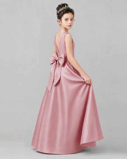 Dusty Rose Satin A-line Girls Formal Dress Side View