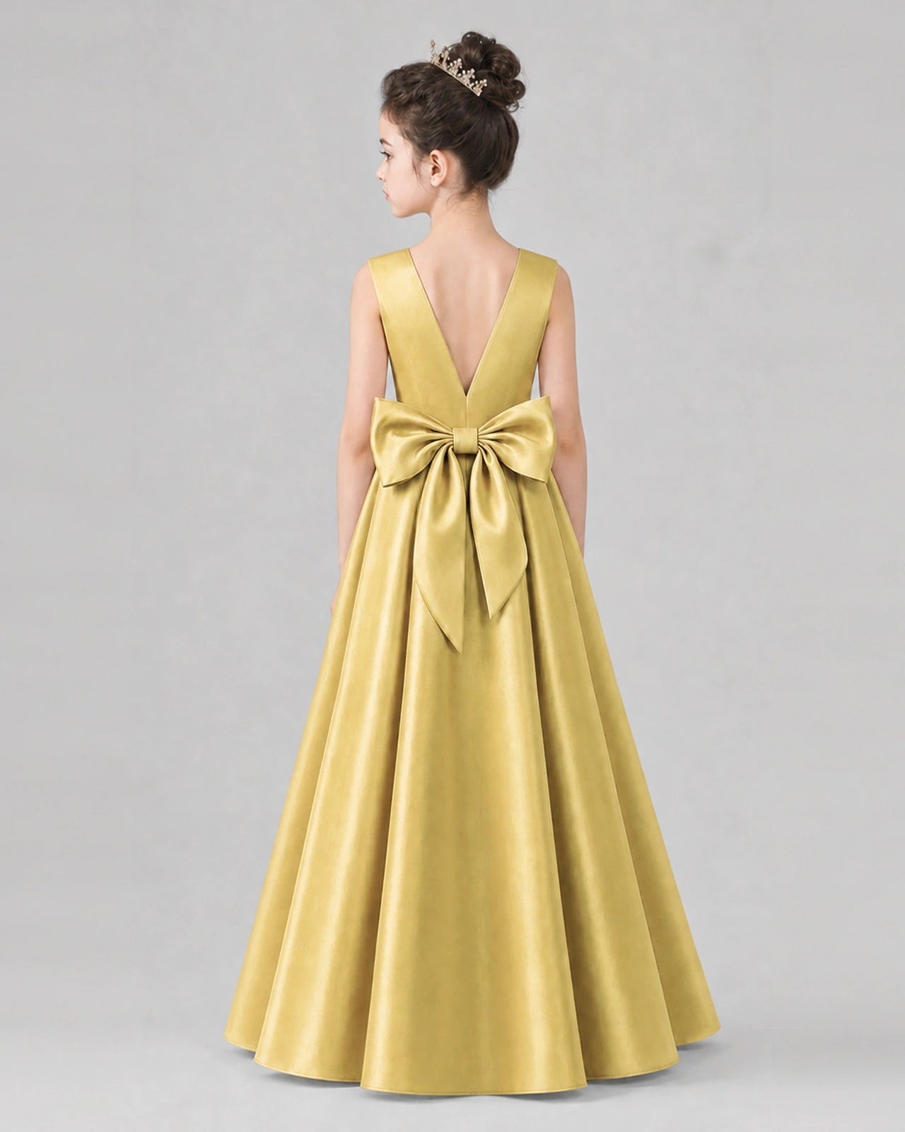 Gold Satin A-line Girls Formal Dress Back View