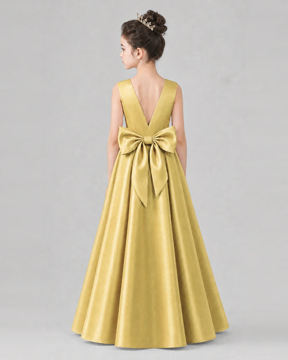 Gold Satin A-line Girls Formal Dress Back View