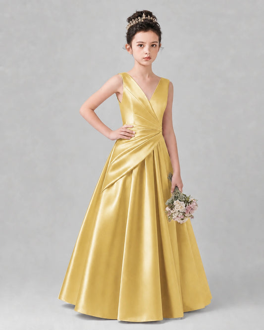 Gold Satin A-line Girls Formal Dress Front View