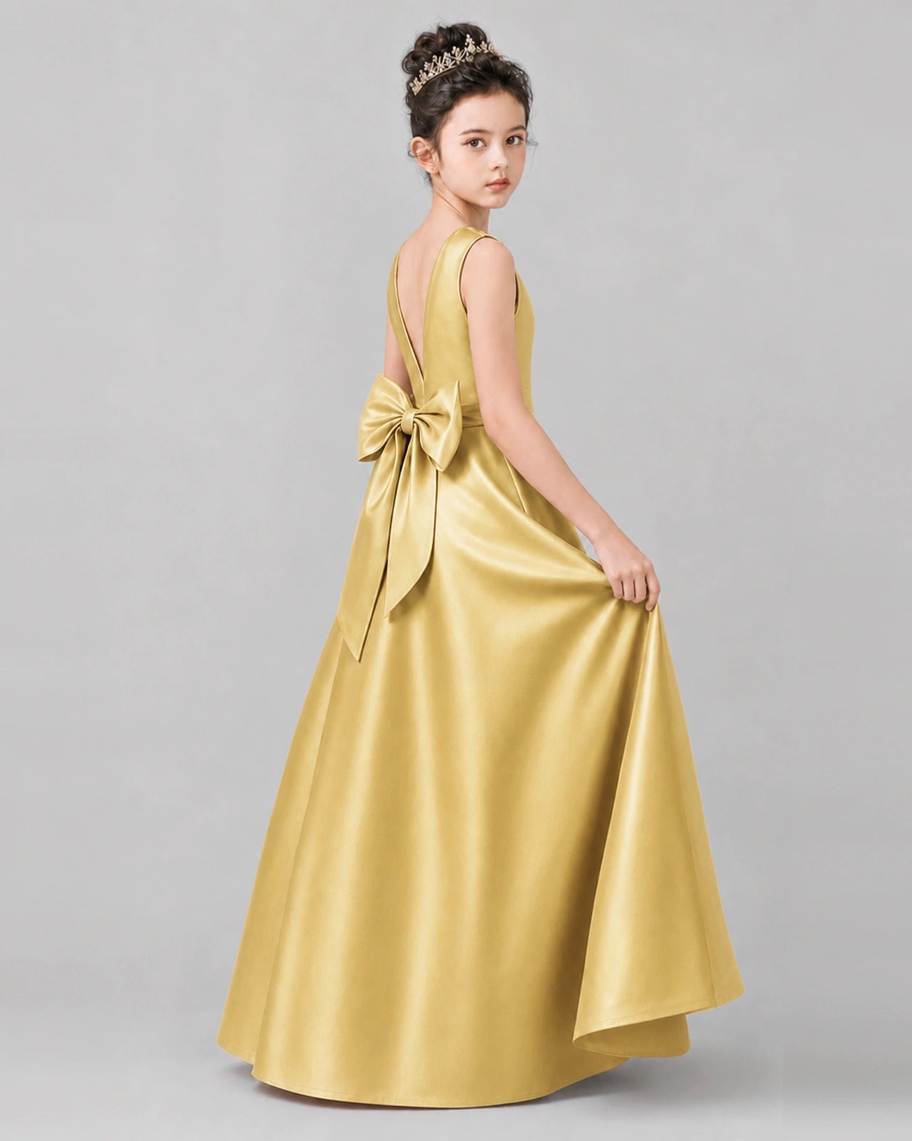 Gold Satin A-line Girls Formal Dress Side View