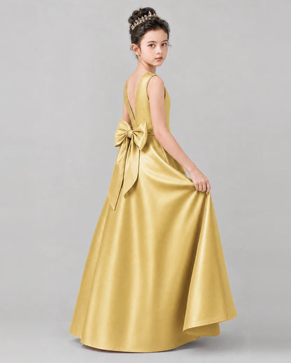 Gold Satin A-line Girls Formal Dress Side View