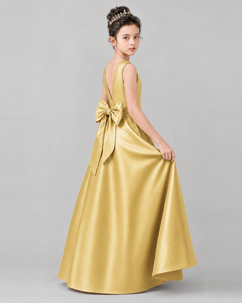 Gold Satin A-line Girls Formal Dress Side View