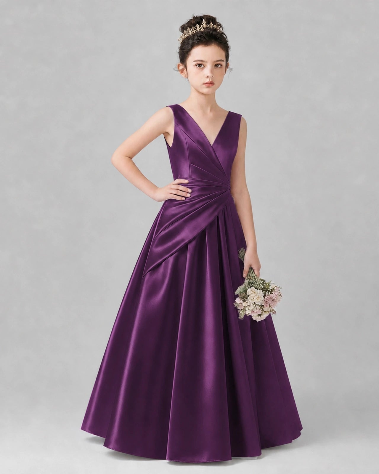 Grape Satin A-line Girls Formal Dress Front View
