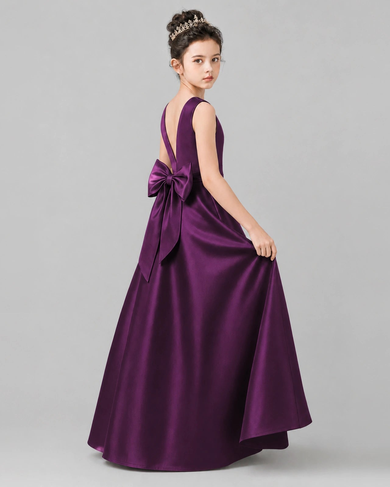 Grape Satin A-line Girls Formal Dress Side View