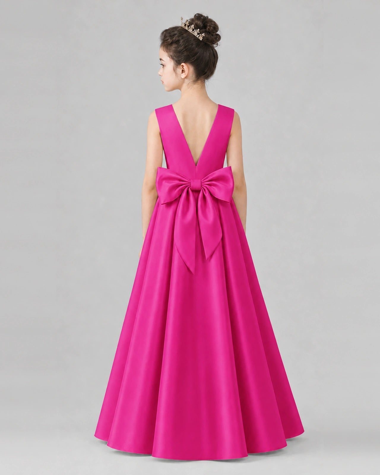 Hot Pink Satin A-line Girls Formal Dress Back View
