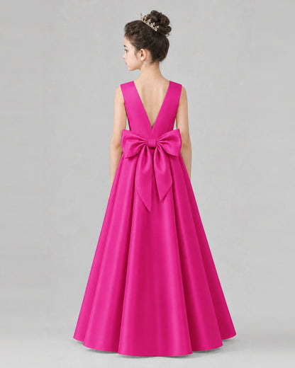 Hot Pink Satin A-line Girls Formal Dress Back View