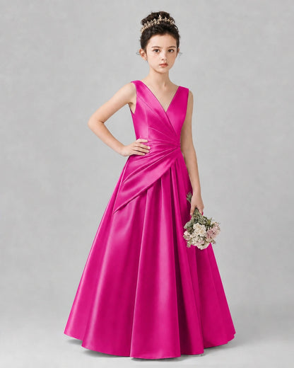 Hot Pink Satin A-line Girls Formal Dress Front View
