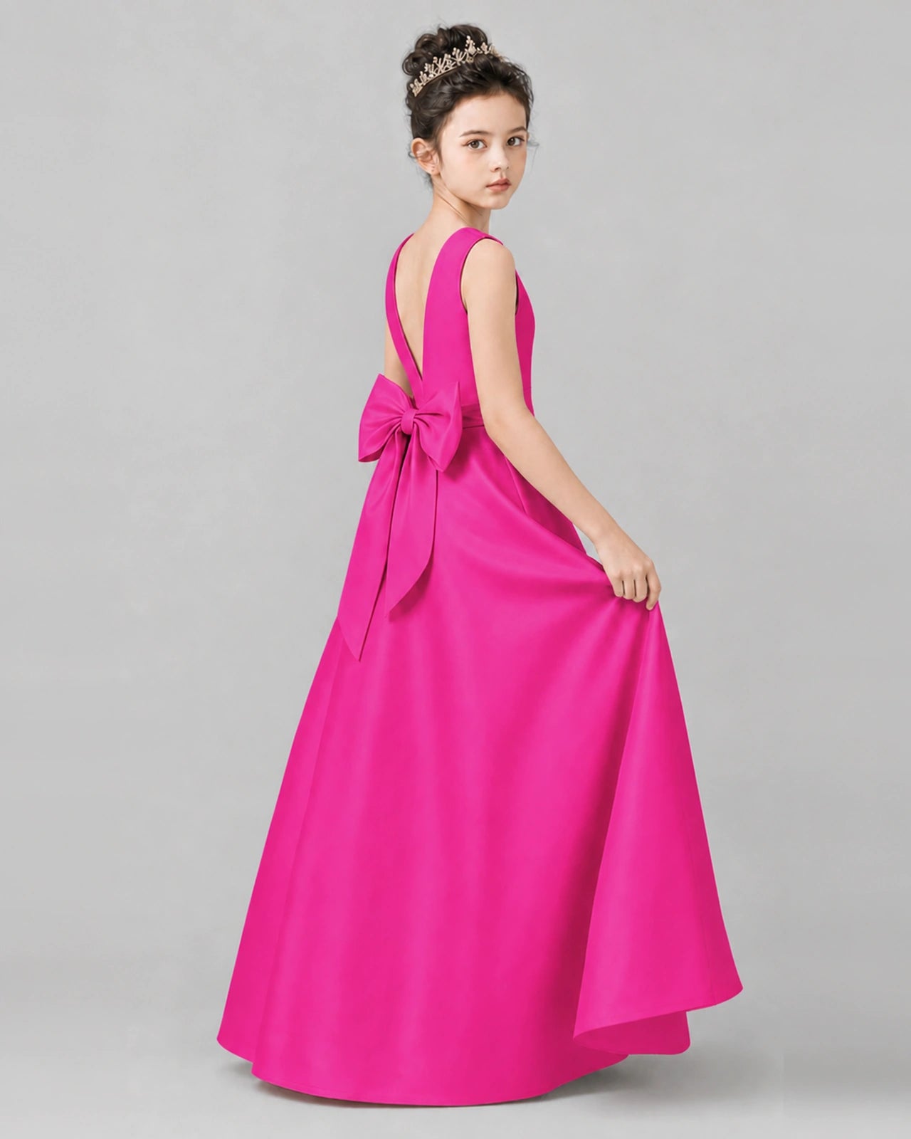 Hot Pink Satin A-line Girls Formal Dress Side View