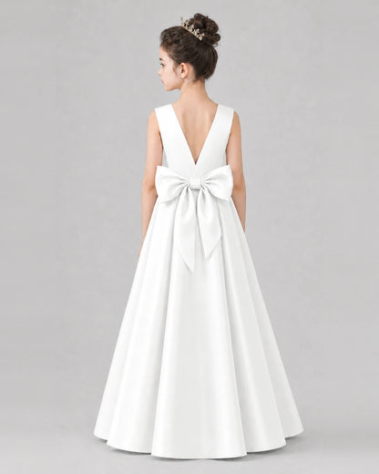 Ivory Satin A-line Girls Formal Dress Back View