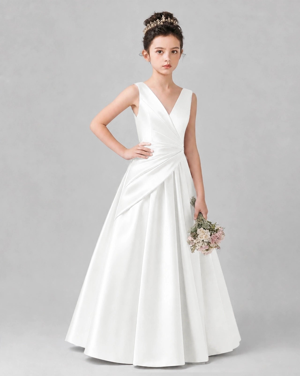 Ivory Satin A-line Girls Formal Dress Front View