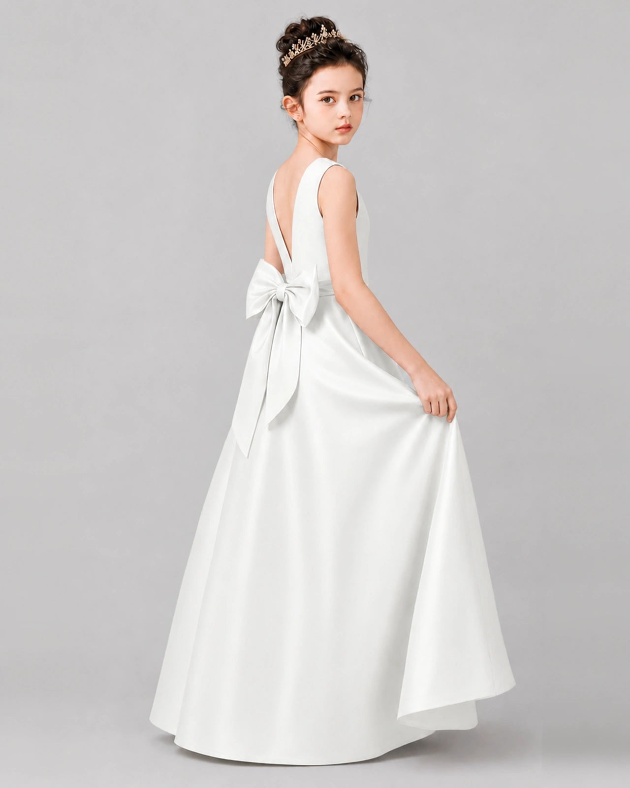 Ivory Satin A-line Girls Formal Dress Side View