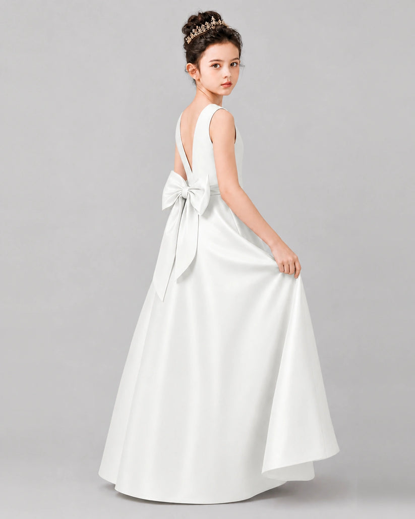 Ivory Satin A-line Girls Formal Dress Side View