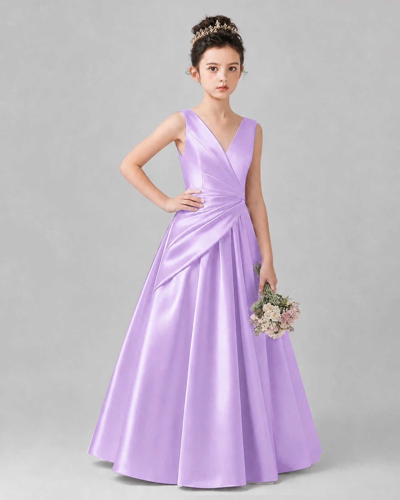 Lilac Satin A-line Girls Formal Dress Front View