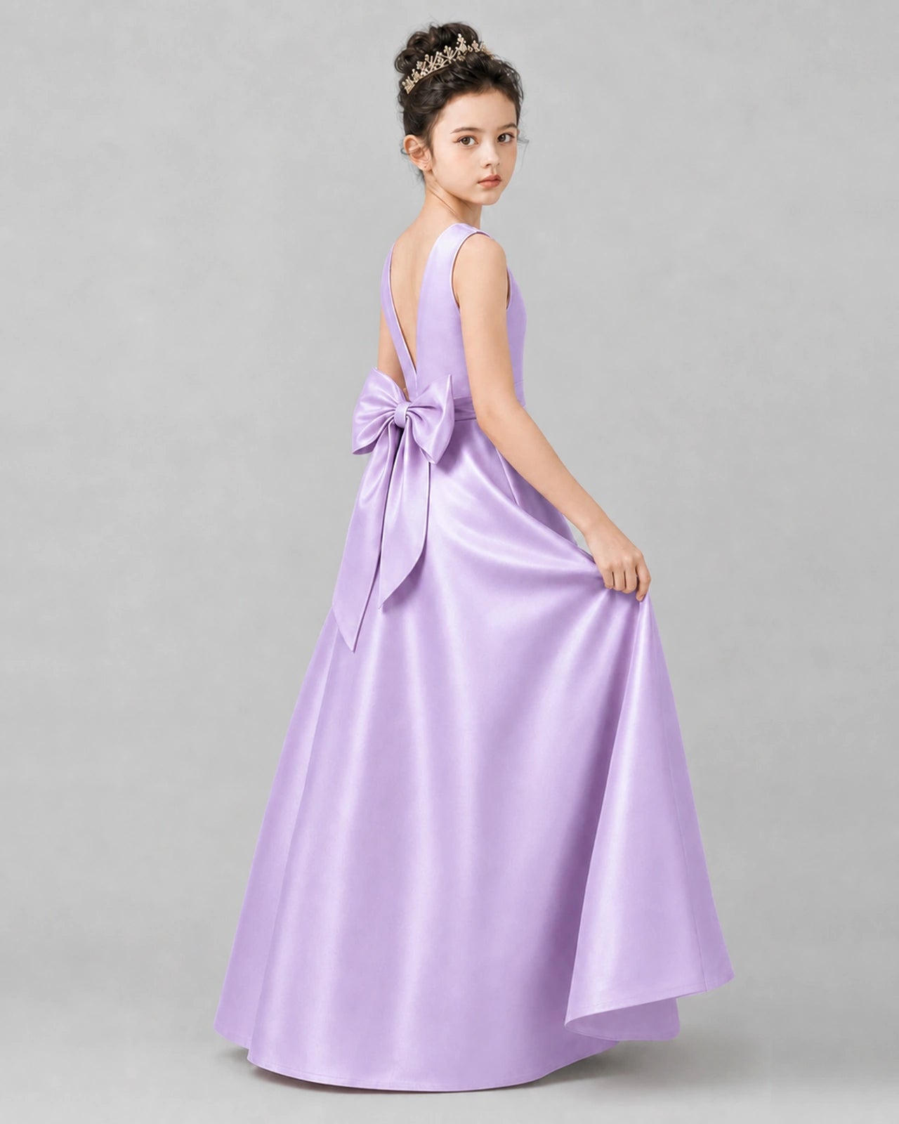 Lilac Satin A-line Girls Formal Dress Side View
