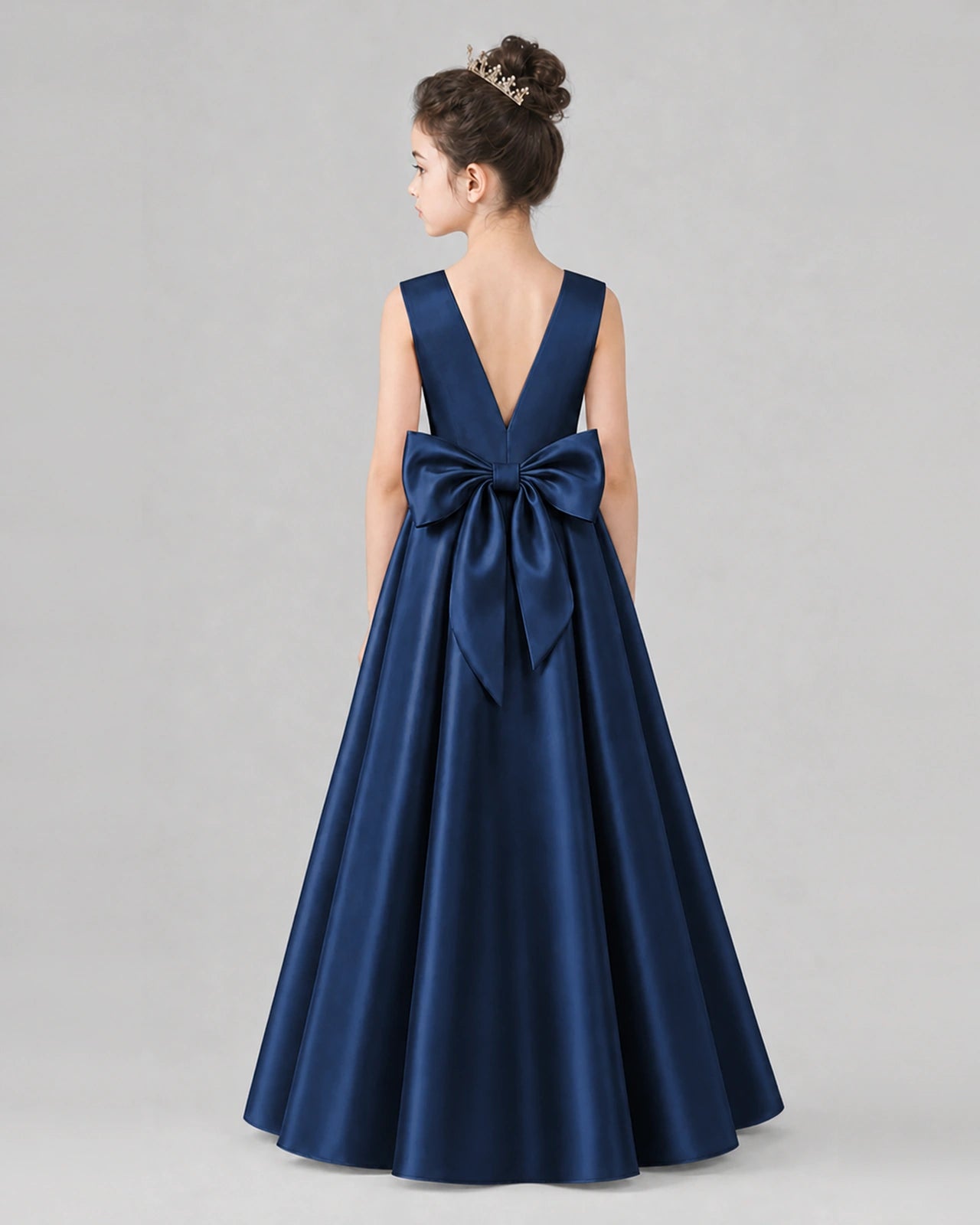 Navy Blue Satin A-line Girls Formal Dress Back View