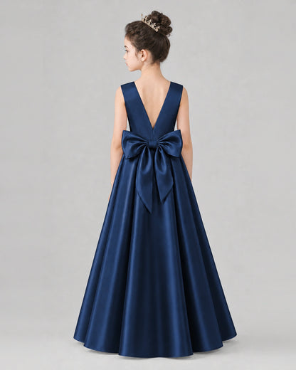Navy Blue Satin A-line Girls Formal Dress Back View