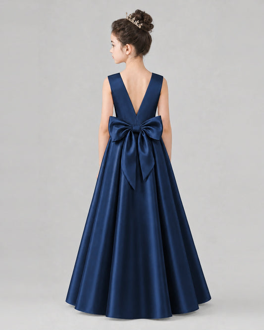 Navy Blue Satin A-line Girls Formal Dress Back View
